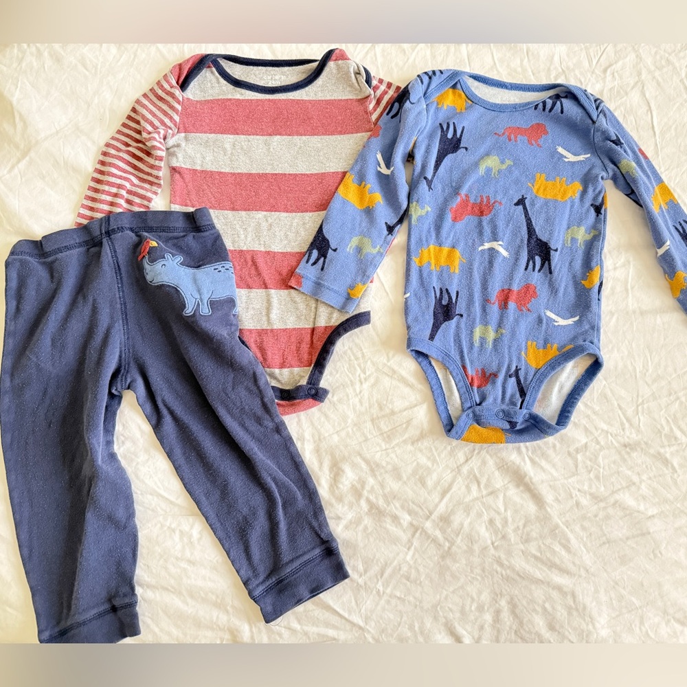 Carter’s Animals Stripes Blue Long Sleeves Bodysuit Pants  24 Months  set 3 PCS